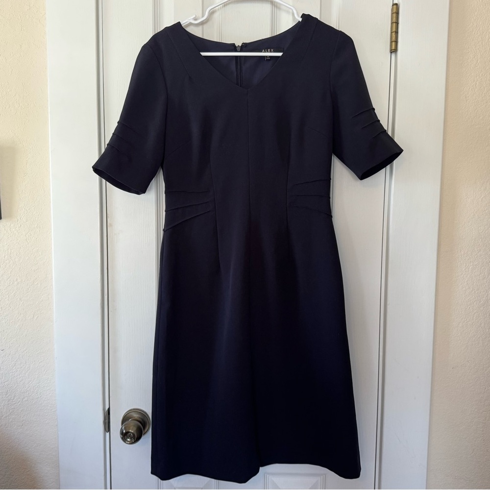 Alex Marie Navy Fit & Flare Dress Size 4 Pleated Waist Short Sleeve Business